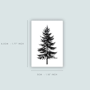 May include: Black silhouette of a pine tree on a white background. The image is 4.5 cm tall and 3 cm wide.