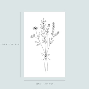 May include: A black and white line drawing of a bouquet of wildflowers tied together with a ribbon. The bouquet is 3.15 inches tall and 1.97 inches wide.
