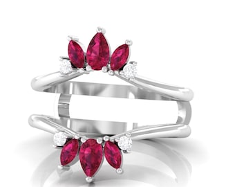 Art Deco Ruby Ring Guard Sterling Silver Ring Wrap Marquise Cut Ruby Enhancer V Shape Chevron Band Bridal Stacking Promise Anniversary Gift