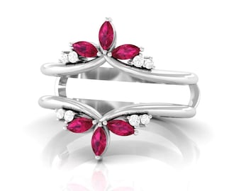 Art Deco Ruby Wedding Ring Wrap Marquise Cut Ruby & Moissanie Enhancer Custom Fit Ring Wrap July birthstone Gifted Ring Anniversary Ring