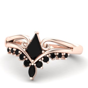 Antique Kite Shaped Black Onyx Engagement Ring Set For Women, Kite Cut Black Onyx Wedding Ring Set, Vintage Black Onyx Anniversary Ring