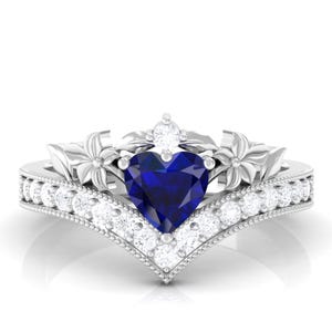 Blue Sapphire Engagement Ring, Antique Filigree Style Bridal Ring, Unique Anniversary Gift For Her, Leaf Style Silver Heart Shaped Ring