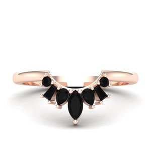 Black Onyx Marquise Sterling Silver Curved Ring - Handmade Promise Ring