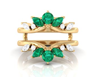 Emerald & Diamond Ring Enhancer, Curved Wedding Band in 14K Gold, May Birthstone Anniversary Gift, Marquise Cut Emerald Crown Ring for Women