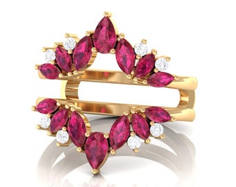 Rehausseur de rubis courbé vintage Art déco bague veste juillet pierre de naissance anniversaire cadeau bague unique Double V alliance cadeau bague