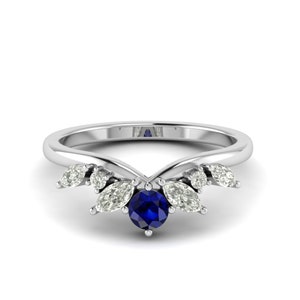 Sapphire Engagement Chevron Wedding Band, Curved Anniversary Band, Sapphire Curved Stacking Ring, 14k White Gold Curved Ring For Women