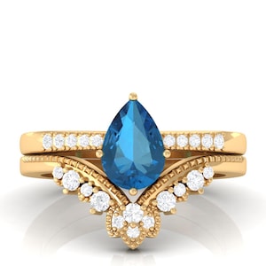 Vintage London Blue Topaz Engagement Ring, Delicate Pear Wedding Ring, Gold Moissanite Inspire Ring, Birthstone Anniversary Gift for Her
