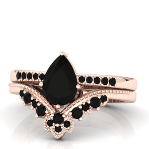 Vintage Pear Shape Natural Black Onyx Engagement Ring Set, 14k Rose Gold Bridal Jewelry, Onyx Wedding Set, Anniversary Gift for Her