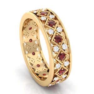 Garnet Engagement Full Eternity Band, 14k Yellow Gold Red Garnet Wedding Band, Birthstone Ring, Stackable Band, Handmade Rings for Women
