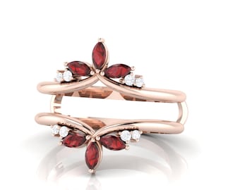 Marquise Cut Double Curved Band Ring, Garnet Enhancer Guard Ring Bridal Set for Women, Gold Chevron Ring Wrap Unique Engagement Ring For Her