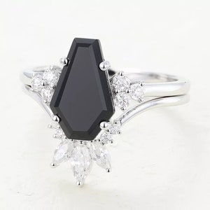 Vintage Coffin Shape Natural Black Onyx Engagement Ring, Onyx Statement Ring, Antique Curved Stack Ring, Boho Style Coffin Ring For Women