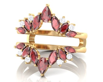 Garnet Enhancer Guard Ring Set for Women Gold Chevron Ring Wrap Marquise Cut Double Curved Band Ring January Birthstone Gift Promise Gifted