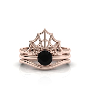 Natural Black Onyx Spider Web Ring, 14k Rose Gold Gothic Engagement Set, Handmade Statement Jewelry, Unique Wedding Gift for Women Ring