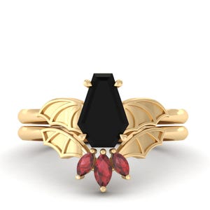 Natural Black Onyx Coffin Shape Bat Gothic Engagement Ring, Garnet Stacking Solid Gold Bat Wings Wedding Band, Christmas Gift Ring For Women