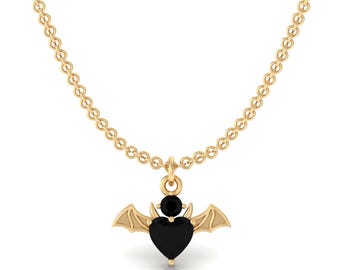 Gothic Natural Black Onyx Heart Bat Necklace, Vampire Jewelry, Witchy Bat Wings Pendant, Alternative Style Gift, Gothic Animal Love Jewelry