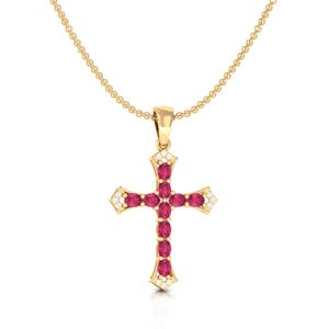14K Gold Rubin Kreuz Anhänger, Diamant Akzent Halskette, Echter Rubin Kreuz Anhänger, Massivgold Christian Schmuck, Gold Anhänger Geschenk für Sie