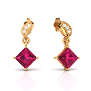 Square Ruby Earrings 14k Solid Gold Dainty Delicate handmade Custom Jewelry Anniversary Gift for Wife or Daughter Small Ruby Dangle Earrings