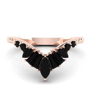 Natural Black Onyx Engegament Curved Marquise and Baguette Ring, Rose Gold Black Onyx  Women Gift Ring, Anniversary Gift Ring, Promise Ring