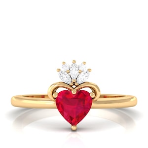 Art Deco Pink Ruby Heart Shape Engagement Ring, Ruby Heart Shape Wedding Ring, Pink Ruby Crown Ring, Love PromiseGift Ring, Gift For Her