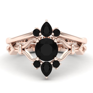Art Deco Black Onyx Ring Rose Gold, Dainty Onyx Engagement Ring for Her, Unique Onyx Wedding Ring, Vintage Black Onyx Bridal Ring Set