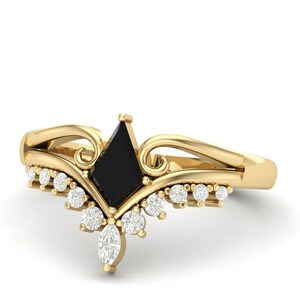 Art Deco Black Onyx Engagement Ring, Vintage Black Onyx Kite Shape Ring, Unique Anniversary Ring, Black Onyx Bridal Promise Ring For Her