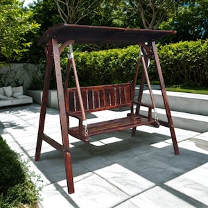 Porch Swing, Garden Swing, Rustic Swing, Wooden Yard Swing, and Patio Swing Furniture   Glider swing on a cedar seat deck outside