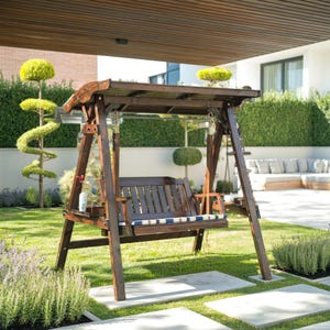 Patio Swing Furniture, Wooden Yard Swing, Rustic Swing, Porch, and Garden Swing  Glider swing on an outdoor cedar bench deck