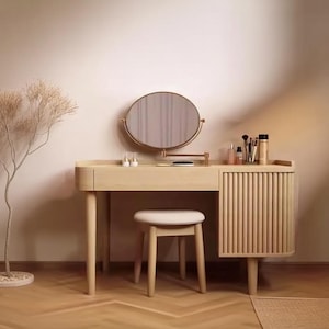 Modern Solid Wood Vanity Desk with Mirror, Mid Century Dressing Table with Storage, Makeup Desk Drawers, Wood Finish