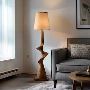 Modern Floor Lamp – Wabi-Sabi Wooden Sculpture Light with Shoji Style Shade for Zen, Oriental, and Minimalist Interiors