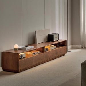 Minimalist Walnut TV Stand with LED Shelf Lighting – Low Modern Media Console with Storage Drawers for Living Room Decor