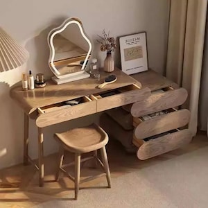 Modern Art Nouveau Vanity Table with Mirror, Solid Wood Makeup Desk with Drawers, Nordic Bedroom Dressing Table Set