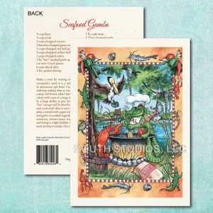 May include: A colorful illustration of an alligator chef cooking seafood gumbo in a large pot over a fire. The illustration includes a pelican, a crab, and a bag of rice. The text "Seafood Gumbo" is written in a decorative font at the top of the image. The recipe for seafood gumbo is listed on the back of the card.