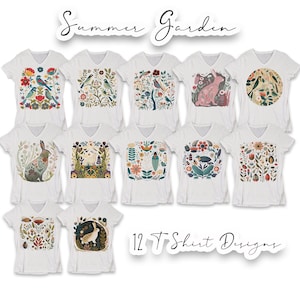 Pacchetto design t-shirt, arte popolare scandinava del giardino estivo, set di arte popolare estiva nordica, disegni di arte popolare Boho, clip art di arte popolare del giardino