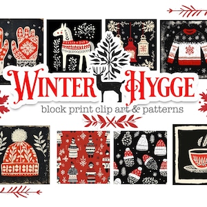 Może przedstawiać: Zbiór zimowych ilustracji przedstawiających renifera, konia, rękawiczki, czapkę, filiżankę herbaty i różne wzory. Ilustracje są w czerni i bieli z czerwonymi akcentami i tekstem "Winter Hygge block print clip art & patterns".