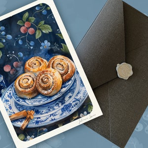Een set traditionele volkskunst handgemaakte wenskaarten, dessertkunstprint, blanco kaart met envelop, Scandinavische volkskunstprint, 'blauwe fika'