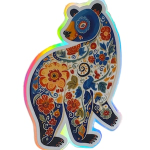 Charmants autocollants holographiques multicolores Rosemaling Bear, floral, art folklorique scandinave, journal, autocollant mignon pour ordinateur portable, design romarin