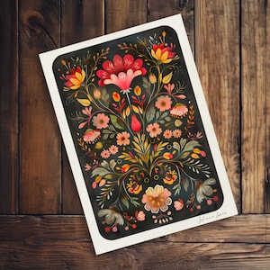 Traditional Folk Art Print &quot;Heritage Garden&quot;, Farmhouse Decor, Scandi Print, Country Home Art, Scandinavian Art Print, Floral Folk Art