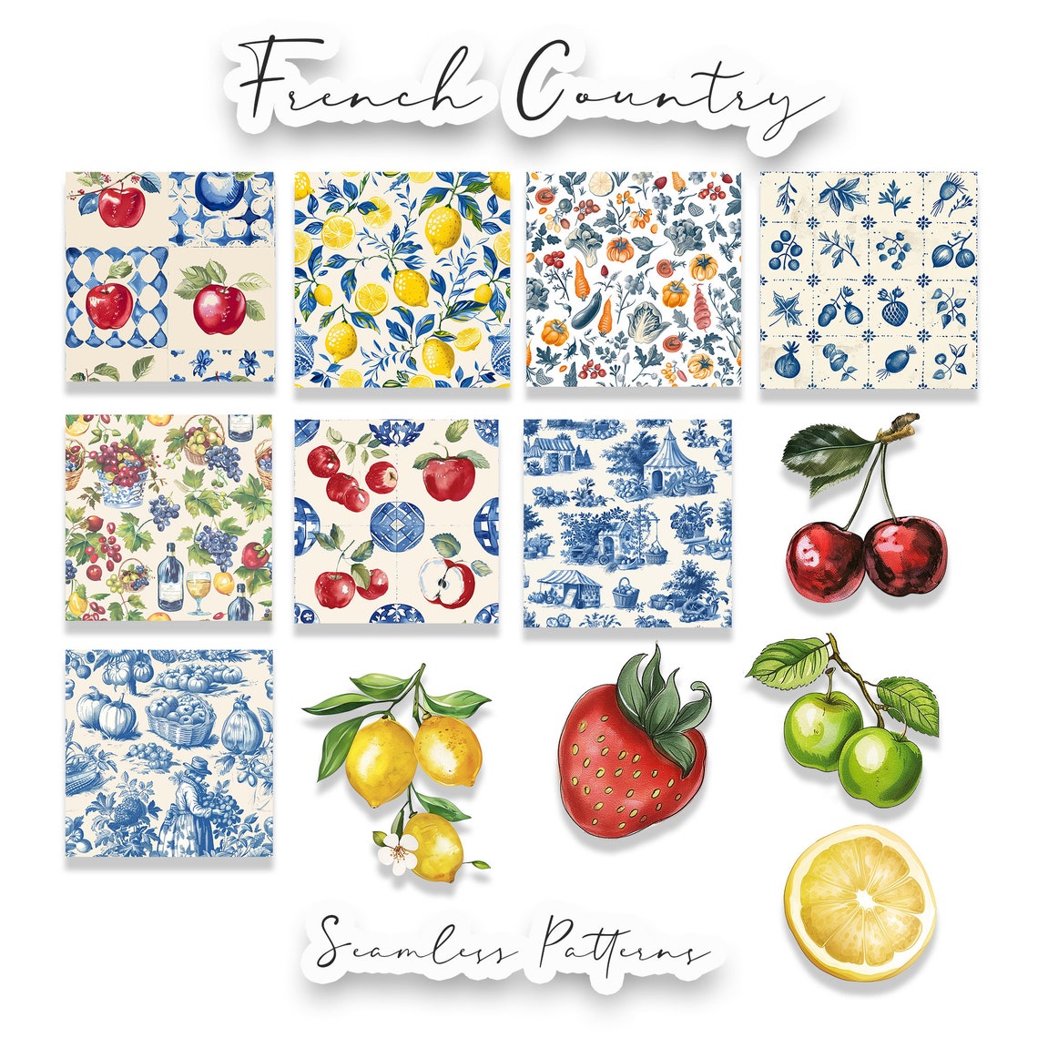 French Country Toile Seamless Patterns: Shabby Chic Retro Designs (SVG ...
