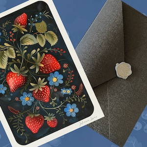 Dulce como el verano. Un juego de tarjetas de felicitación hechas a mano con arte popular tradicional "Fresa de verano", tarjeta de felicitación adornada con sobre, arte popular
