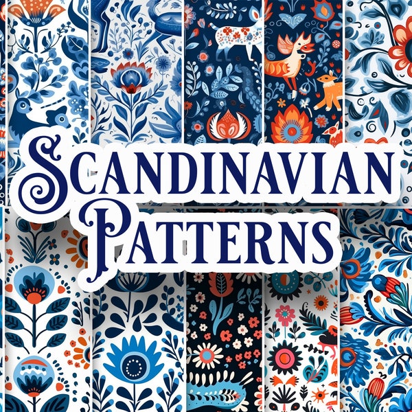 15 Scandinavian Folk Art Patterns, seamless pattern bundle, floral pattern, svg, digital paper, instant download, scrapbook, floral papers