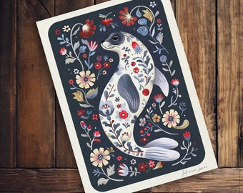 Seal Folk Art Print: Scandinavian Floral Design, Coastal Decor