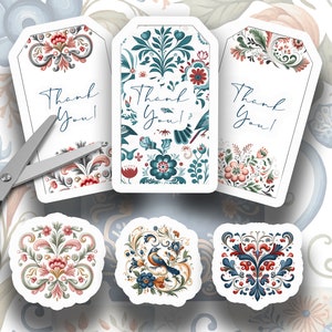 Etichette regalo prodotto scandinavo Rosemaling Vol.2 e Clip Art, stampabili per oggetti fatti a mano - grazie e vuoto, arte popolare, arte nordica