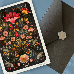 Un conjunto de tarjetas de felicitación hechas a mano de arte popular tradicional "Heritage Garden", tarjeta de felicitación adornada con sobre, arte popular escandinavo