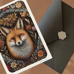 Een set traditionele herfstvolkskunst, handgemaakte wenskaart "Floral Fox", verfraaide wenskaart met envelop, Fox-volkskunst,