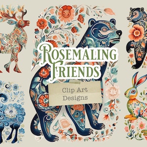 14 Rosemaling Friends Animal Folk Art Clip Art Bundle, Scandinavian Folk Art, Nordic Animal Rosemaling Art, Floral Design Animal Clip Art,