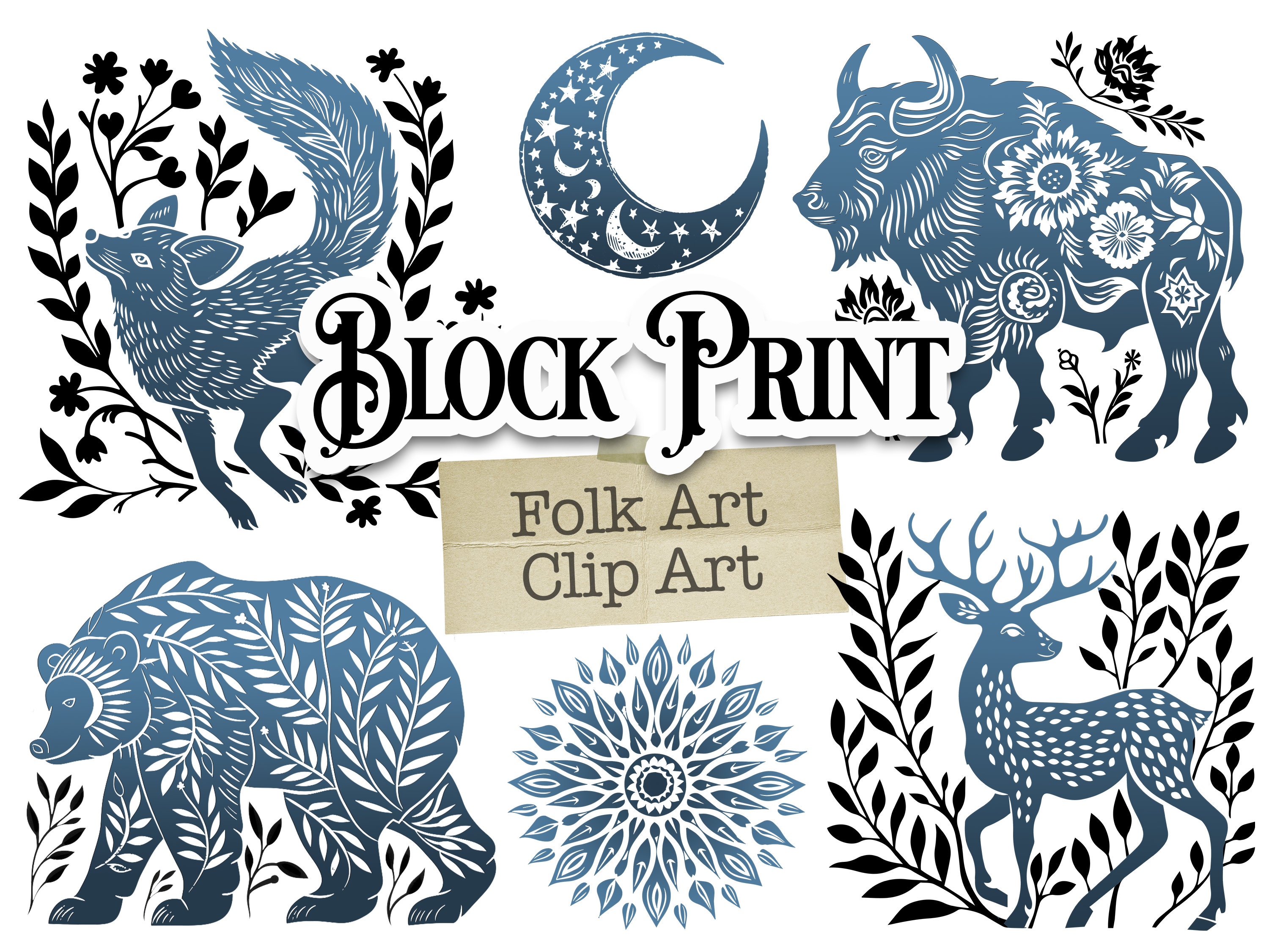 Block Print Folk Art Clip Art Bundle, Scandinavian Folk Art, Nordic ...