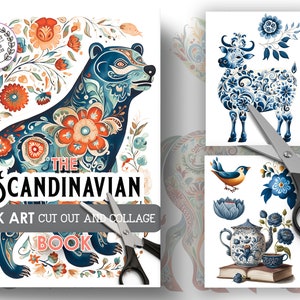 Il libro digitale di collage e ritaglio di arte popolare scandinava, libro di artigianato di carta, libri di attività artistiche, affascinante arte popolare, 40 pagine