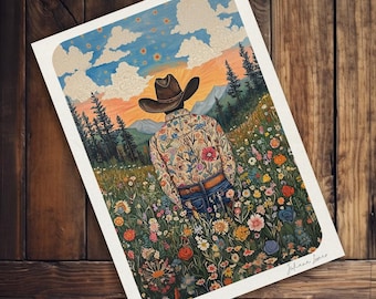 Rocky Mountain Cowboy Art Print: Wyoming Floral Landscape (8-1/4 x 11-3/4&quot;)