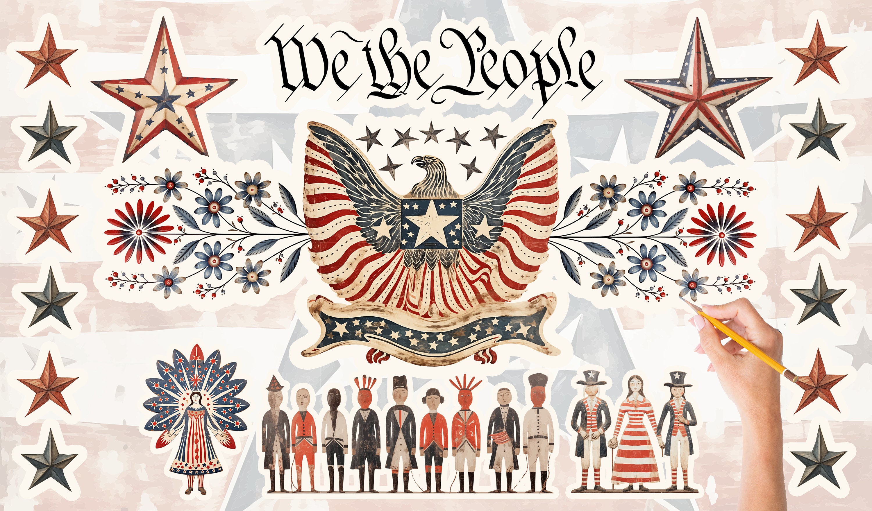 American Primitive Folk Art Clip Art: Patriotic Americana (SVG) - Etsy