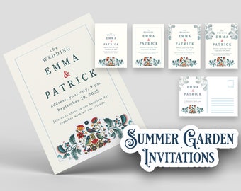 Summer Garden Folk Art Wedding Invitation and RSVP Cards template, floral invitation, folk art wedding invitation, Scandinavian wedding